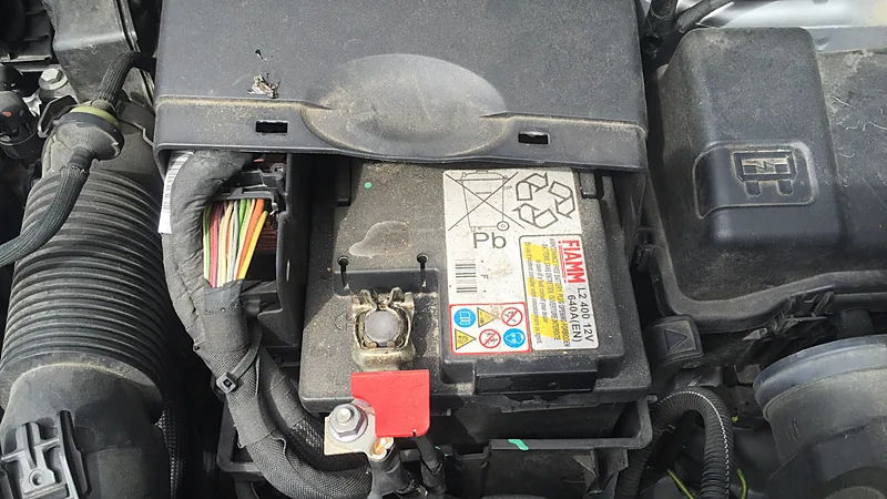 Aki FIAMM 12 volt terpasang di ruang mesin mobil dengan terminal positif bertutup merah, siap diperiksa tegangannya