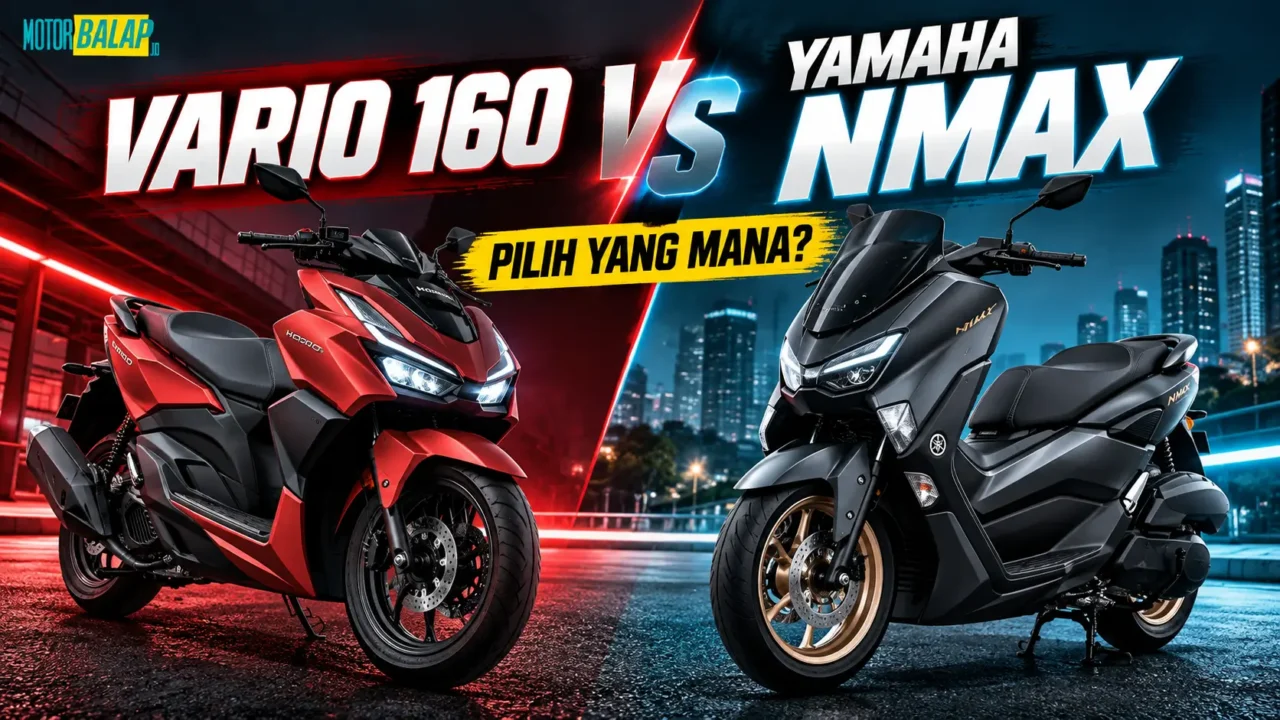 Honda Vario 160 hitam berpelat dealer merah diparkir di gang paving blok, tampak depan-samping
