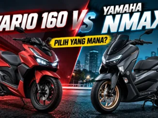 Honda Vario 160 hitam berpelat dealer merah diparkir di gang paving blok, tampak depan-samping