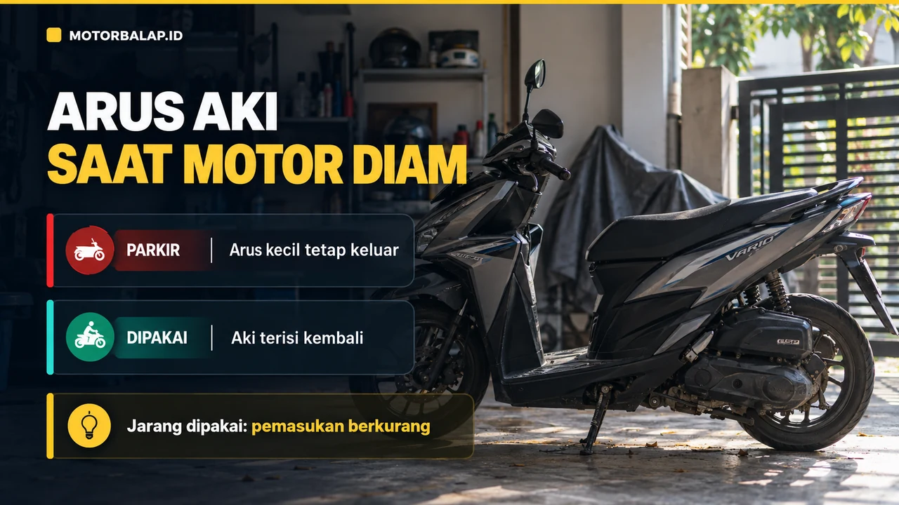 Motor parkir di garasi dengan penjelasan bahwa arus kecil tetap keluar saat parkir dan aki terisi kembali saat motor dipakai.