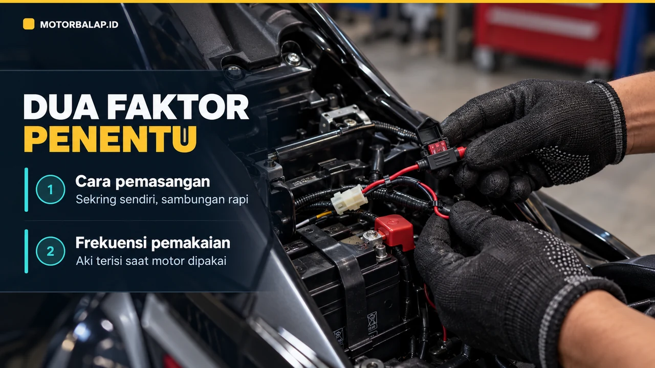 Foto pemeriksaan kabel alarm dan sekring dekat aki motor, dengan penjelasan dua faktor: cara pemasangan dan frekuensi pemakaian.