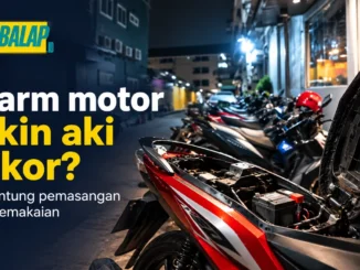 Thumbnail motor parkir dengan aki terlihat di bawah jok dan judul Alarm motor bikin aki tekor, tergantung pemasangan dan pemakaian.