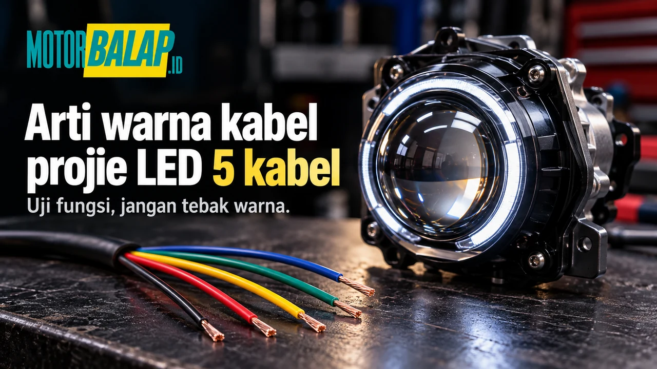 Thumbnail lampu proji LED dan lima kabel berwarna, dengan anjuran menguji fungsi kabel alih-alih menebak dari warna.