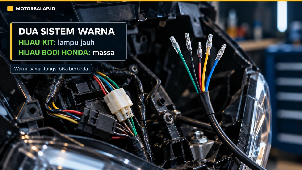 Kabel kit proji LED terpisah dari kabel bodi motor; hijau kit umumnya untuk lampu jauh, sedangkan hijau bodi Honda adalah massa.