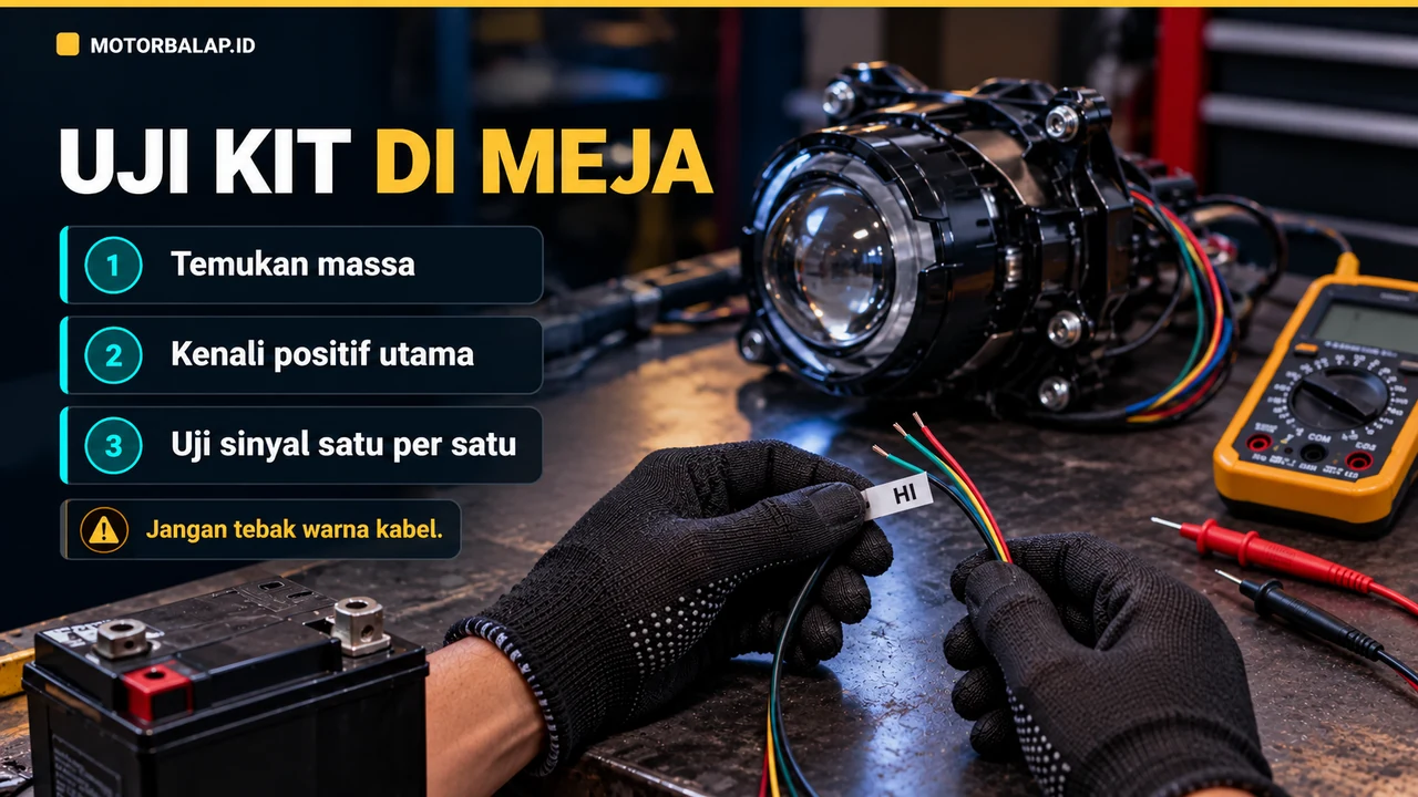 Kit lampu proji LED, aki terlepas dari motor, dan multimeter di meja untuk memeriksa massa, positif utama, serta sinyal satu per satu.