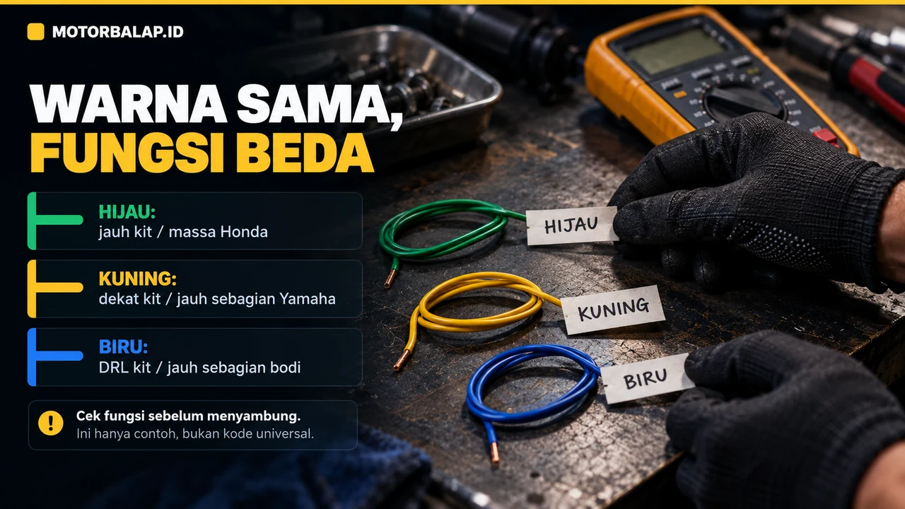 Tiga contoh warna kabel yang fungsinya dapat berbeda antara kit lampu dan bodi motor: hijau, kuning, dan biru.