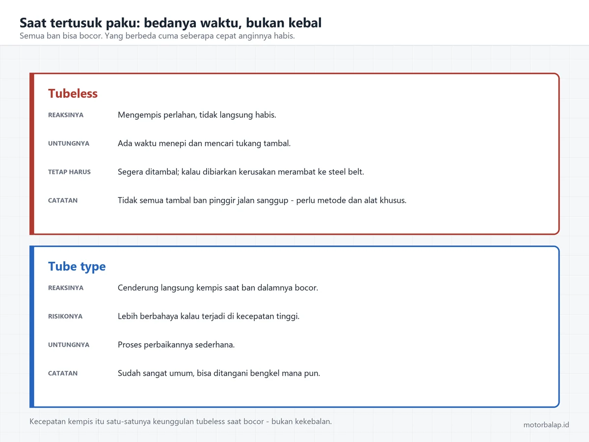 Perbandingan reaksi dua jenis ban saat tertusuk paku: tubeless mengempis perlahan tapi perlu alat khusus untuk ditambal, tube type langsung kempis tapi bisa ditambal di bengkel mana pun