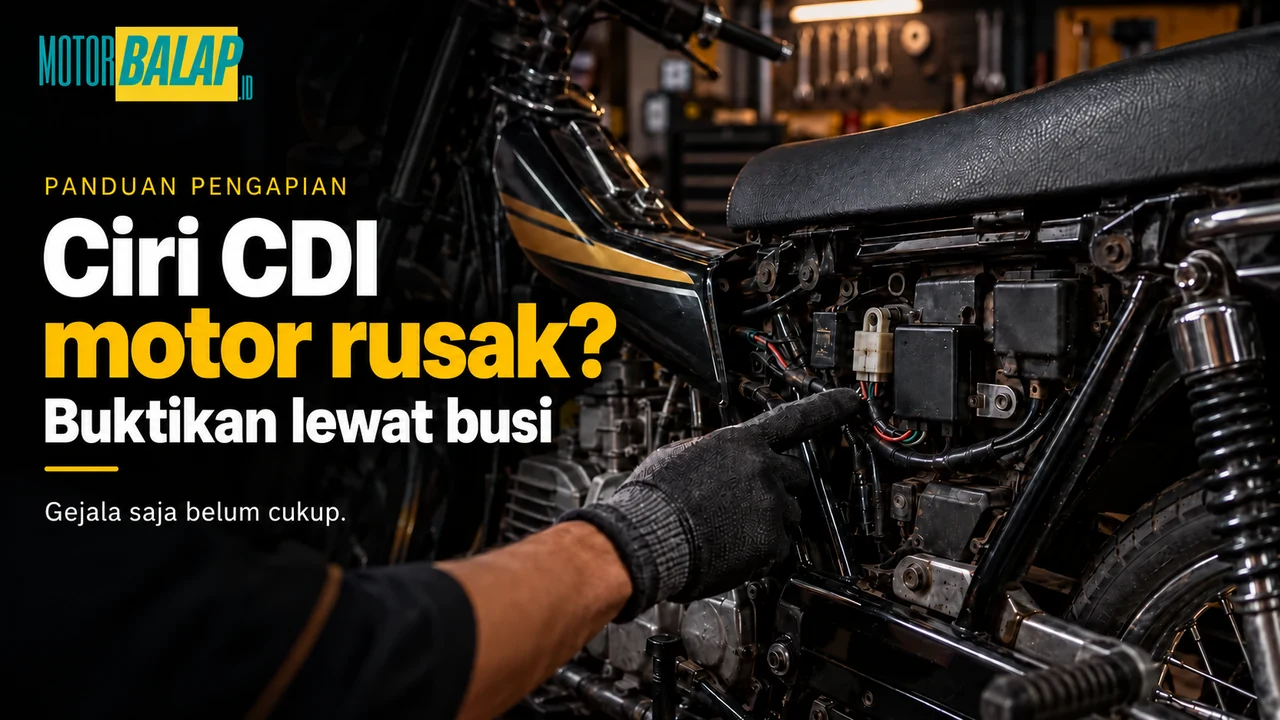 Thumbnail panduan ciri CDI motor rusak dengan logo MotorBalap.ID tanpa garis kuning di tepi atas.