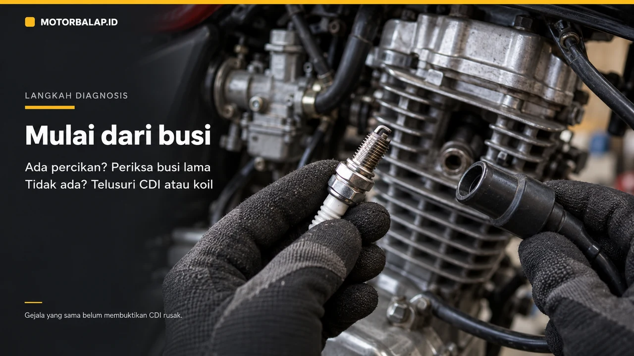 Ilustrasi editorial pemeriksaan busi motor; jika tidak ada percikan pada busi yang sehat, pemeriksaan berlanjut ke CDI atau koil.