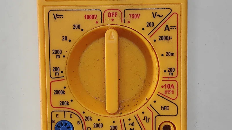 Selektor multimeter digital DT830D dengan deretan skala DC volt termasuk posisi 20 untuk mengukur tegangan aki