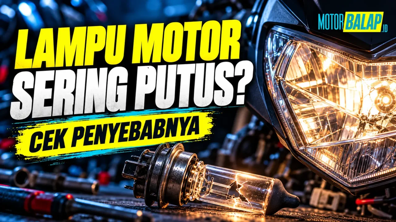 Tampak dekat bohlam lampu depan H4 yang kacanya bening sehingga dua gulungan filamennya terlihat jelas, dengan panel judul Bohlam lampu motor di sisi kiri