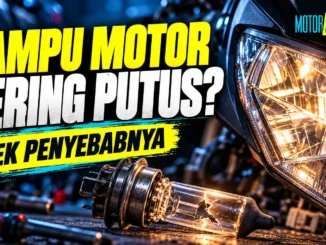 Tampak dekat bohlam lampu depan H4 yang kacanya bening sehingga dua gulungan filamennya terlihat jelas, dengan panel judul Bohlam lampu motor di sisi kiri