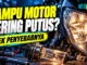 Tampak dekat bohlam lampu depan H4 yang kacanya bening sehingga dua gulungan filamennya terlihat jelas, dengan panel judul Bohlam lampu motor di sisi kiri