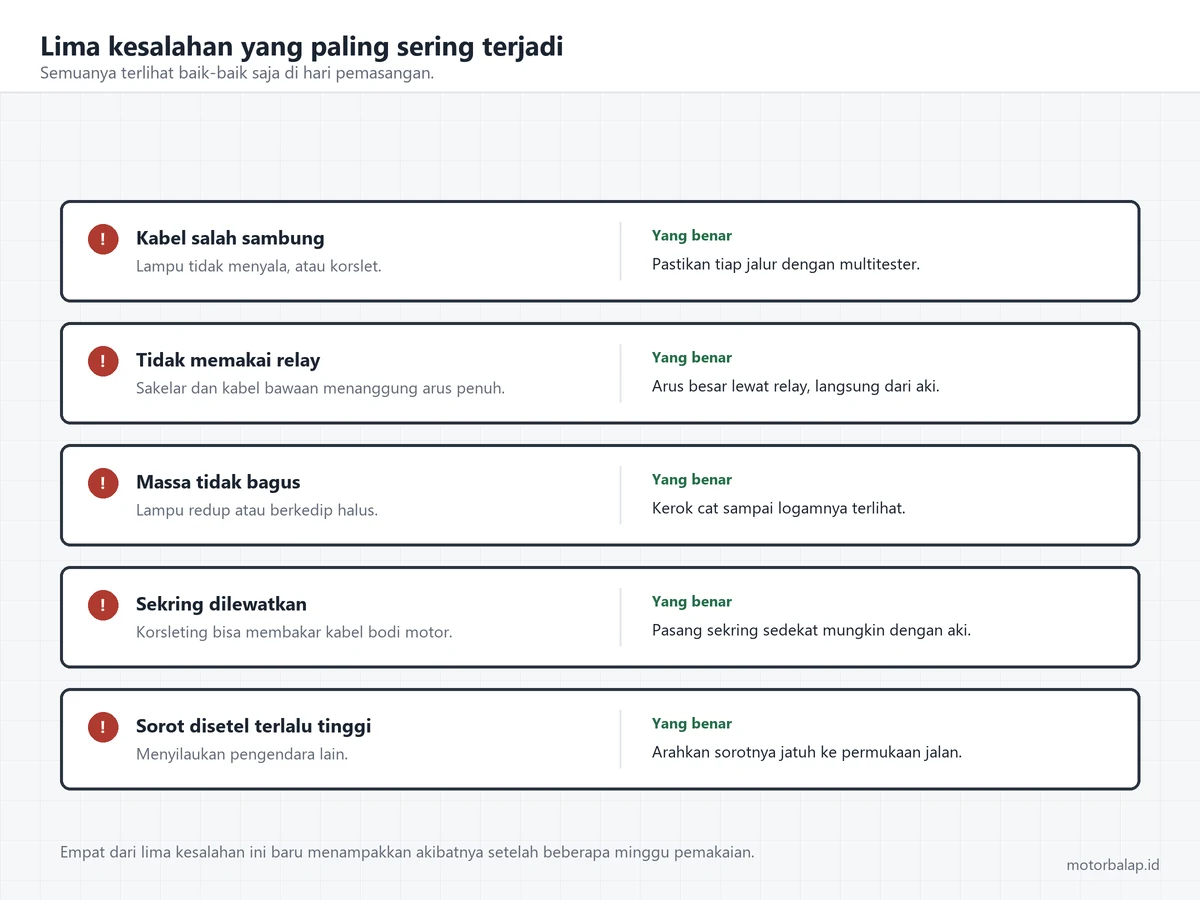 Lima baris kesalahan pemasangan lampu projie beserta akibat dan cara yang benar: kabel salah sambung, tidak memakai relay, massa tidak bagus, sekring dilewatkan, dan sorot disetel terlalu tinggi