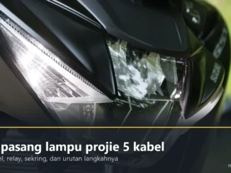 Lampu utama Suzuki GSX-S125 dari dekat dengan lampu senja LED menyala, berpita judul Cara pasang lampu projie 5 kabel