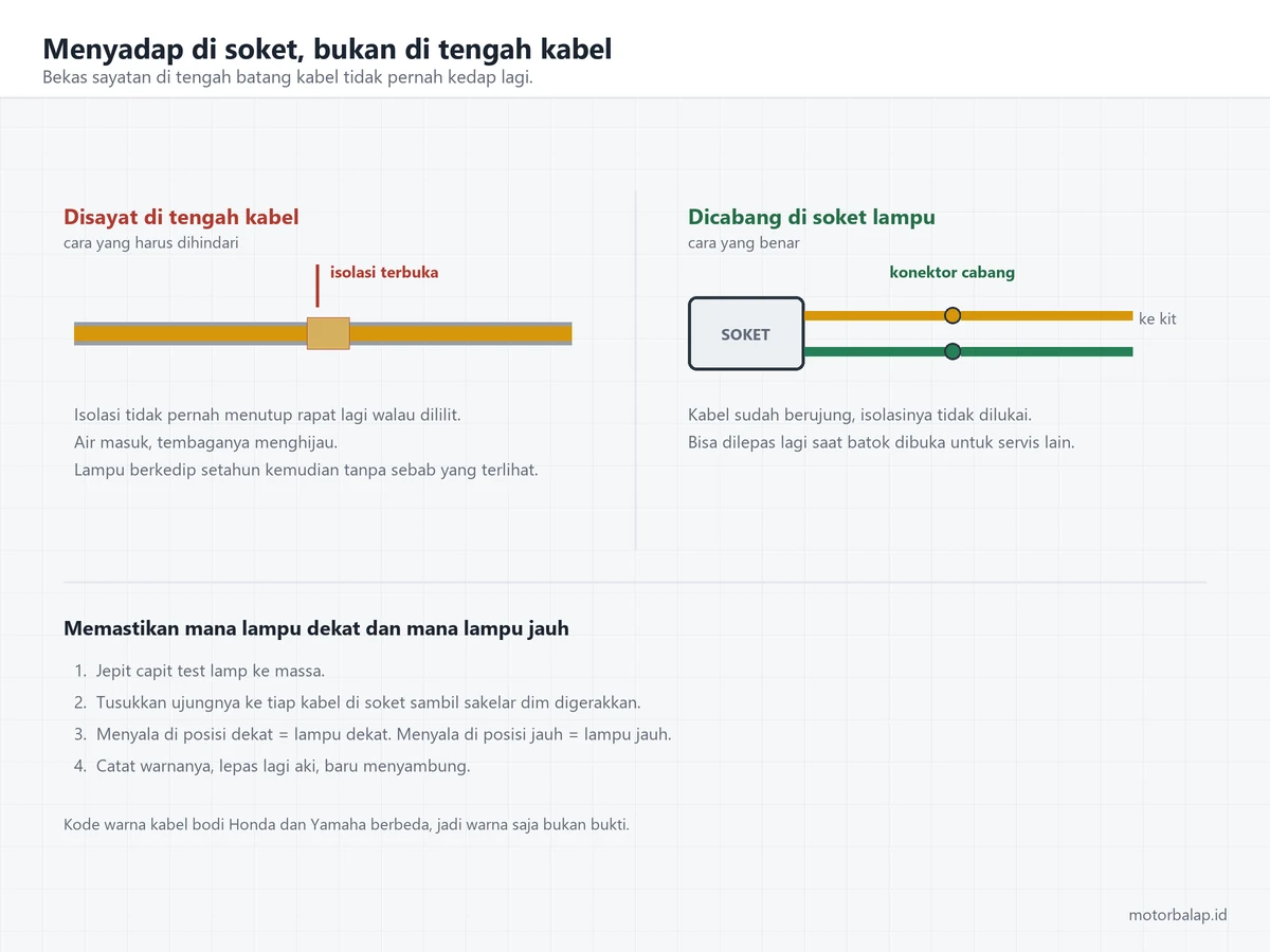 Perbandingan dua titik sadap: kabel yang disayat di tengah batangnya dengan isolasi terbuka, dibanding kabel yang dicabang lewat konektor di soket lampu, disertai langkah memastikan dengan test lamp