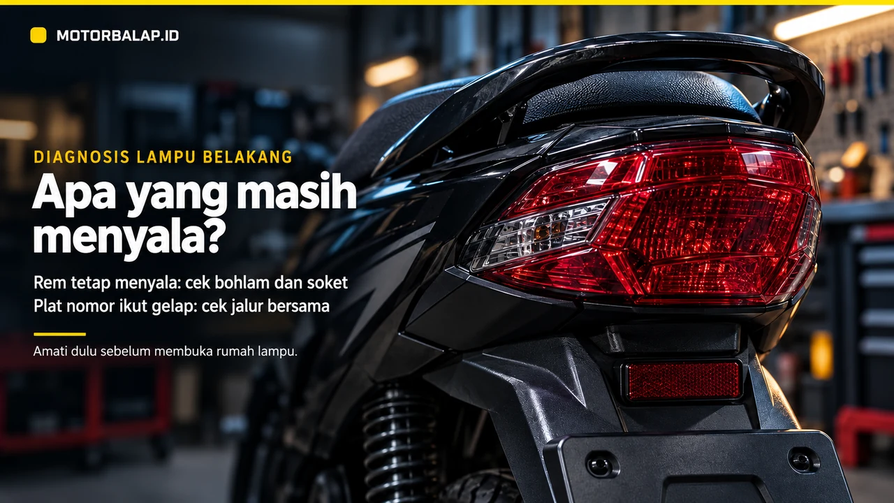 Ilustrasi editorial buritan motor dengan lampu belakang yang sedang diperiksa; lampu rem dan lampu plat nomor membantu menentukan jalur pemeriksaan.