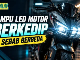 Motor sport telanjang tampak depan di dalam garasi dengan lampu depan LED menyala terang berpendar putih kebiruan. Bertuliskan Lampu LED Motor Berkedip, 2 Sebab Berbeda