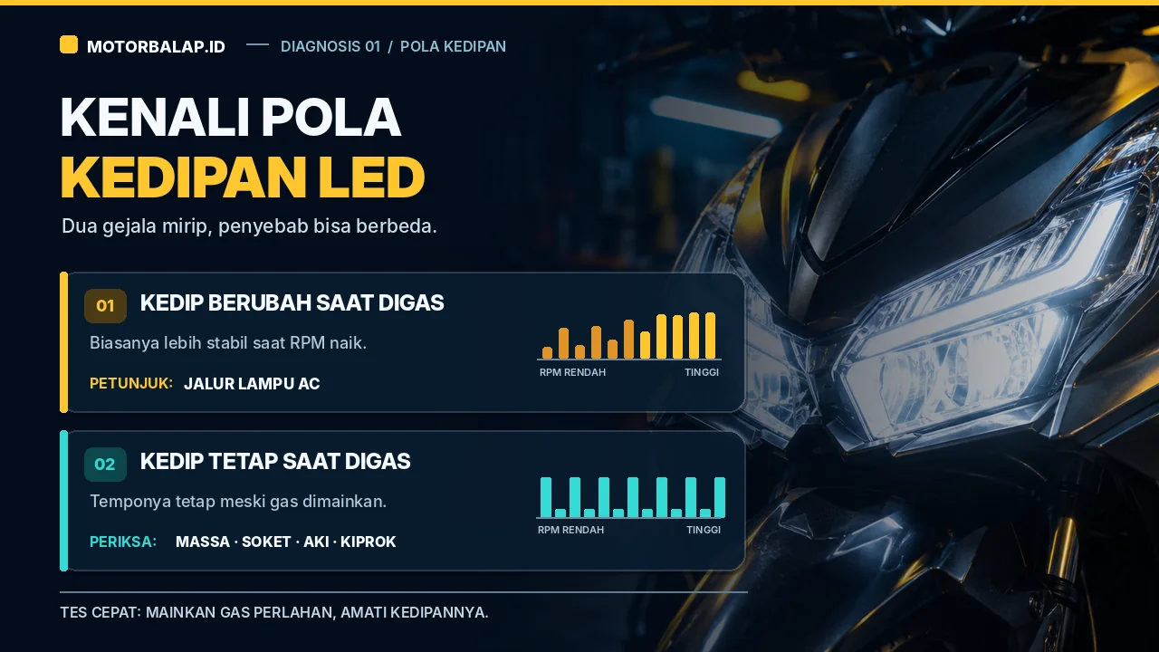 Dua pola kedipan lampu LED motor dibandingkan lewat grafik batang. Pola satu, kedip berubah saat digas dan biasanya lebih stabil saat RPM naik, petunjuknya jalur lampu arus bolak-balik. Pola dua, kedip tetap saat digas dan temponya tidak berubah meski gas dimainkan, yang diperiksa massa, soket, aki, dan kiprok. Tes cepatnya memainkan gas perlahan sambil mengamati kedipannya