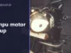 Lampu depan motor klasik menyala di tempat remang, dengan panel judul Lampu motor redup di sisi kiri