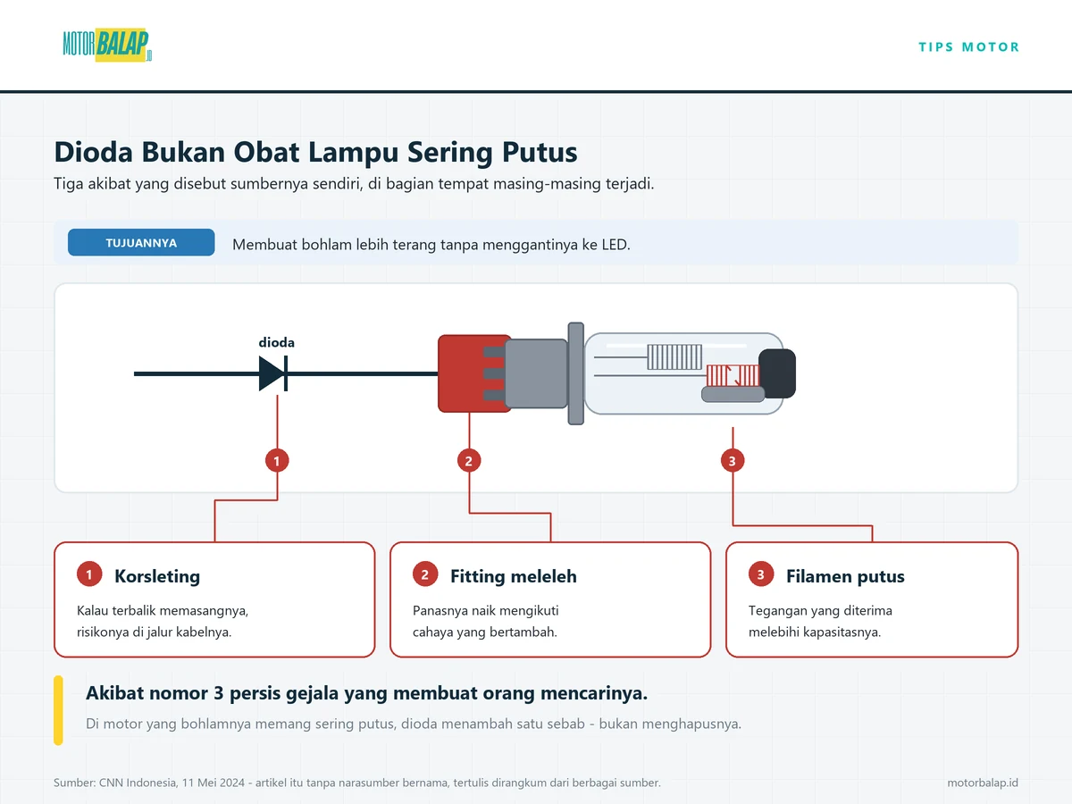 Diagram jalur lampu utama motor yang dipasangi dioda, dengan tiga akibat ditandai di bagian tempat masing-masing terjadi: nomor satu di kabel dan dioda untuk risiko korsleting kalau terbalik memasangnya, nomor dua di rumah soket yang digambar merah untuk fitting yang meleleh, dan nomor tiga di filamen bohlam yang digambar putus karena tegangan yang diterimanya melebihi kapasitas