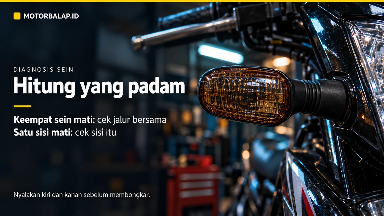 Ilustrasi editorial lampu sein depan motor yang padam, dengan panduan membedakan keempat sein mati dari satu sisi mati sebelum pemeriksaan.