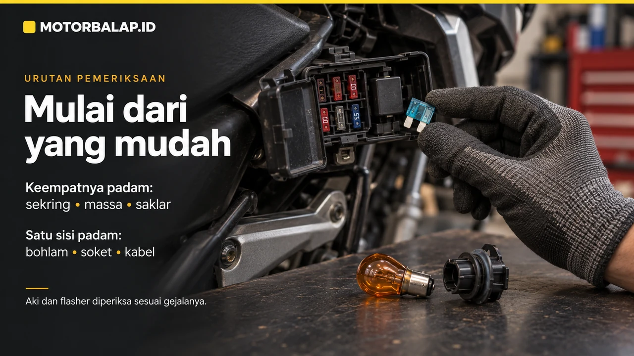 Ilustrasi editorial pemeriksaan sekring motor dan bohlam sein: jika keempat sein padam periksa jalur bersama; jika satu sisi padam periksa bohlam, soket, dan kabel.