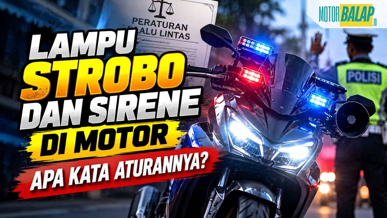 Pantulan cahaya lampu isyarat merah dan biru di permukaan aspal pada malam hari dengan siluet sepeda motor di kejauhan, dengan panel judul Lampu strobo motor di sisi kiri