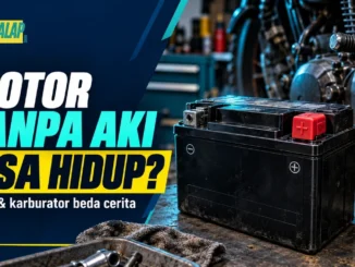 Ilustrasi editorial aki motor dan mesin motor dengan judul Motor Tanpa Aki, Bisa Hidup? Injeksi dan karburator beda cerita.