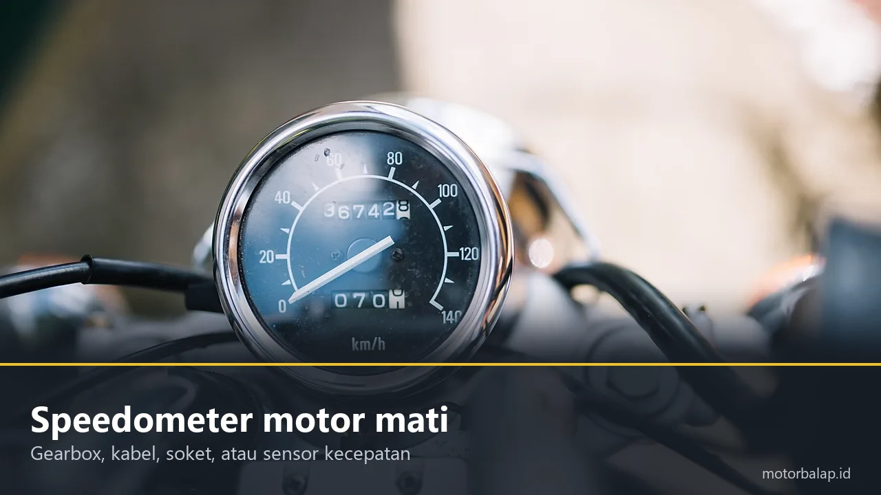 Speedometer analog motor dengan jarum diam di angka nol dan odometer menunjukkan 36742 kilometer, berpita judul Speedometer motor mati