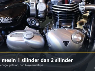 Mesin dua silinder paralel Triumph Bonneville Bobber 1200 dengan sirip pendingin dan bak mesin perak, berpita judul Beda mesin 1 silinder dan 2 silinder