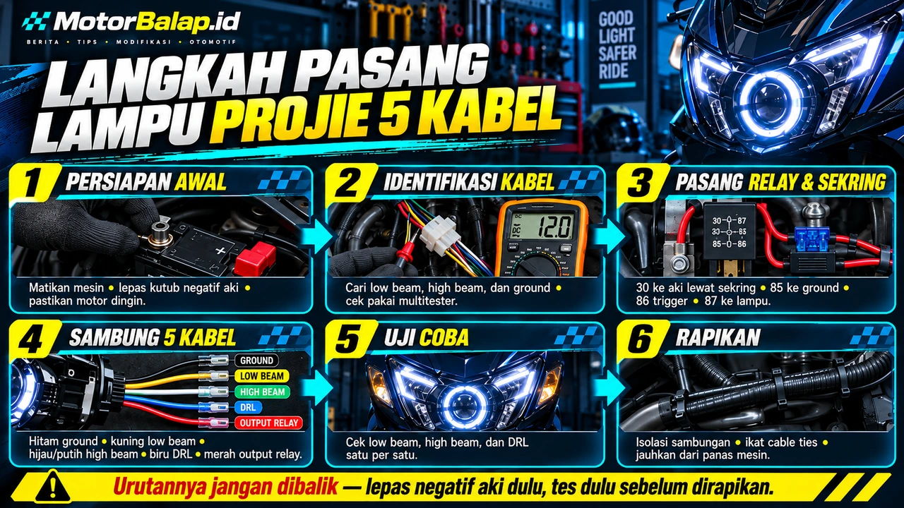 Bagan enam langkah memasang lampu projie 5 kabel. Satu, persiapan awal: matikan mesin, lepas kutub negatif aki, pastikan motor dingin. Dua, identifikasi kabel: cari low beam, high beam, dan ground lalu cek pakai multitester. Tiga, pasang relay dan sekring: kaki 30 ke aki lewat sekring, 85 ke ground, 86 trigger, 87 ke lampu. Empat, sambung lima kabel: hitam ground, kuning low beam, hijau atau putih high beam, biru DRL, merah output relay. Lima, uji coba low beam, high beam, dan DRL satu per satu. Enam, rapikan: isolasi sambungan, ikat cable ties, jauhkan dari panas mesin. Di bawahnya peringatan agar urutannya jangan dibalik