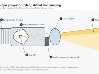 Diagram potongan samping lampu proyektor biled yang menunjukkan sirip pendingin, rumah dan reflektor dalam, chip LED, shield, lensa, serta berkas sorot dengan batas atas cut-off