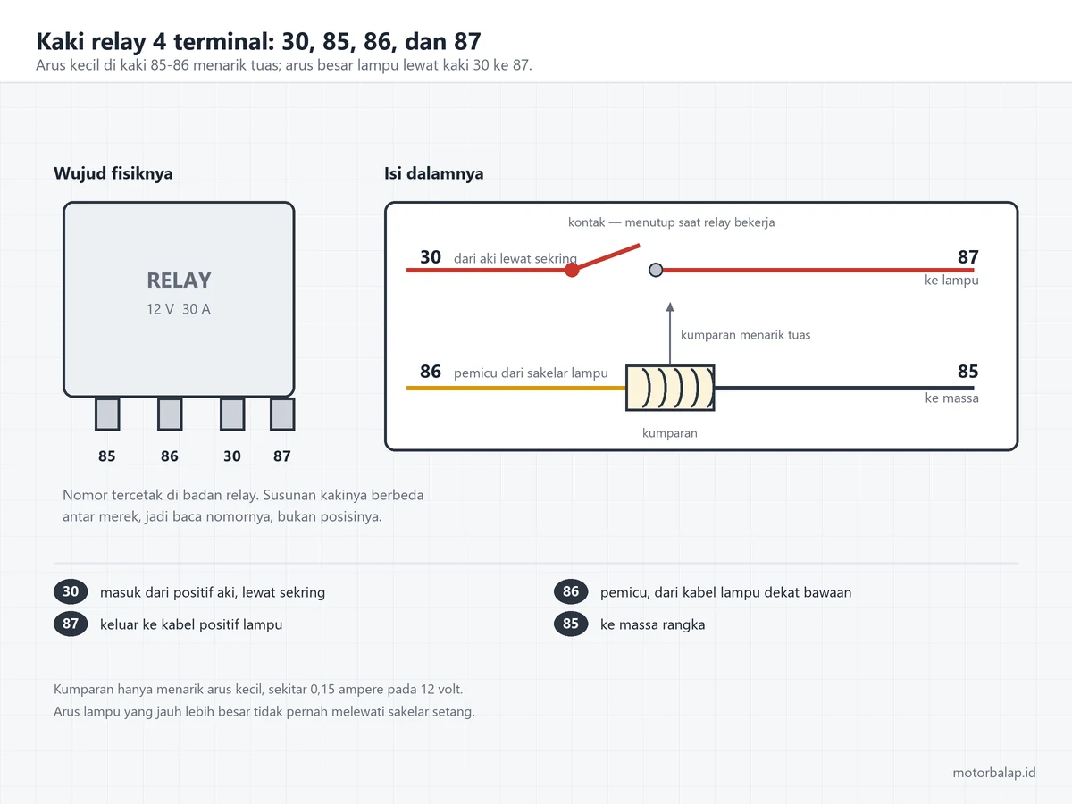 Diagram kaki relay empat terminal: wujud fisik relay dengan kaki 85, 86, 30, 87, dan isi dalamnya berupa kontak kaki 30 ke 87 serta kumparan kaki 86 ke 85
